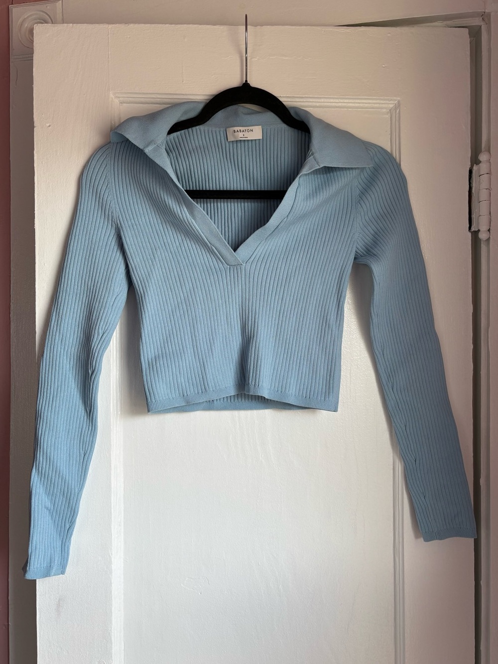 Aritzia Babaton Sculpt Knit Polo Longsleeve Sky Blue Size S